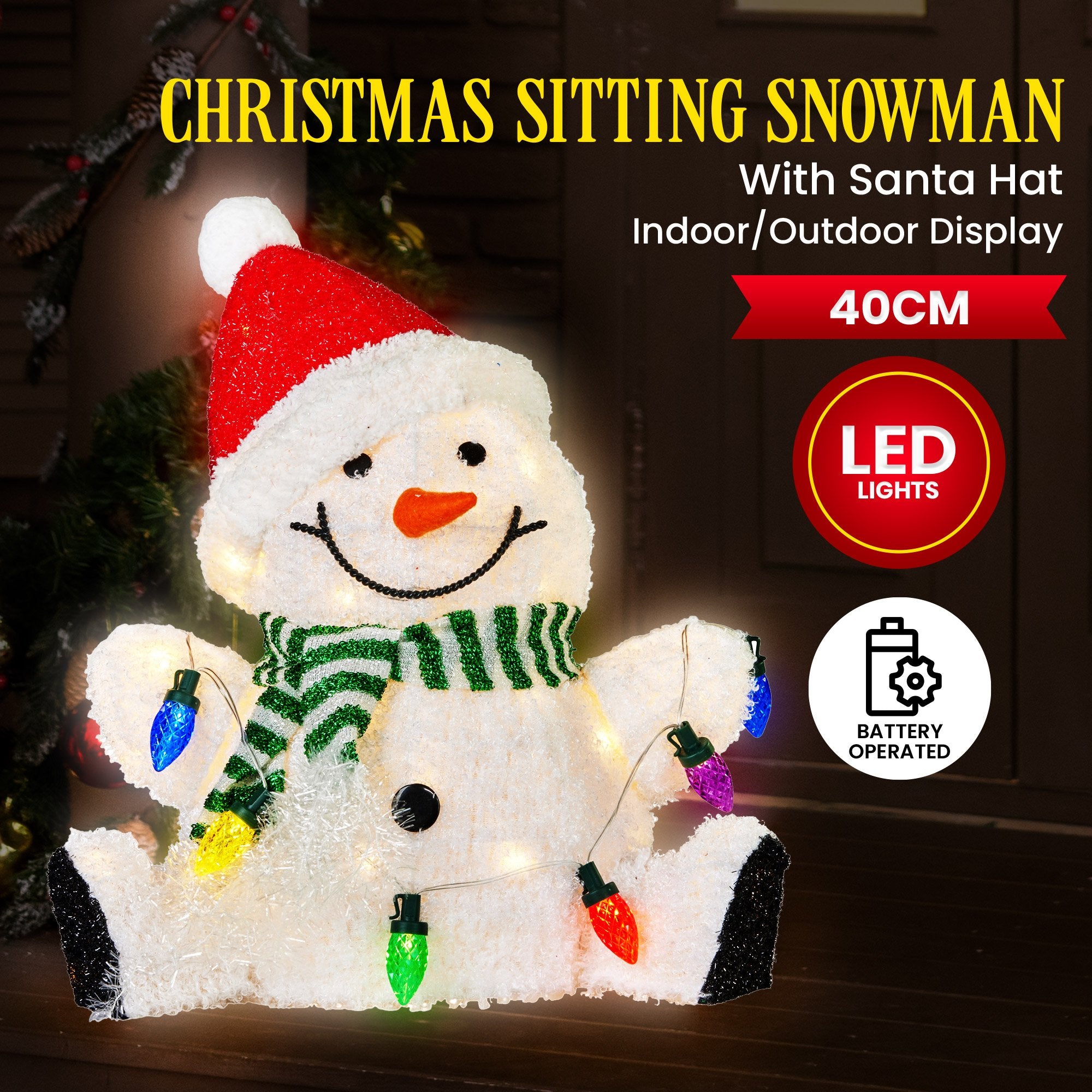 Sitting Christmas Snowman Display With Lights - 40cm
