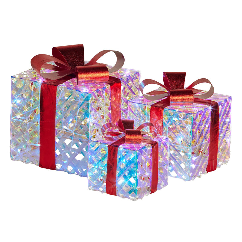 Set of 3 Christmas Gift Boxes With Lights - Clear Shimmer With Red Bows