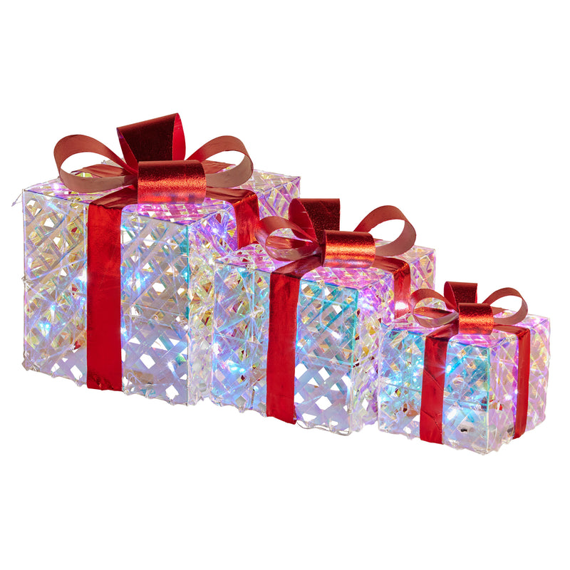 Set of 3 Christmas Gift Boxes With Lights - Clear Shimmer With Red Bows