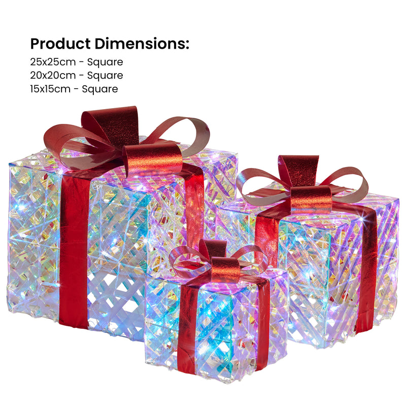 Set of 3 Christmas Gift Boxes With Lights - Clear Shimmer With Red Bows