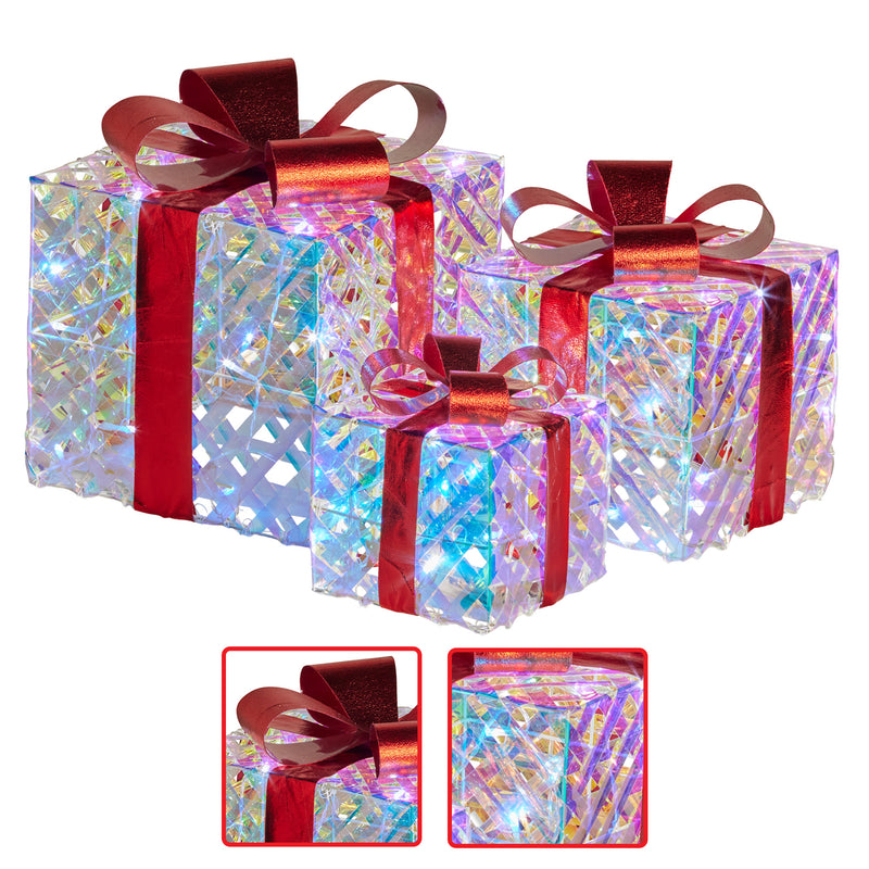 Set of 3 Christmas Gift Boxes With Lights - Clear Shimmer With Red Bows