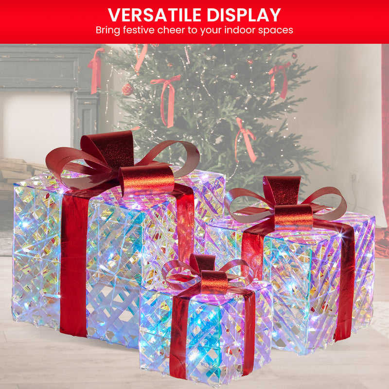 Set of 3 Christmas Gift Boxes With Lights - Clear Shimmer With Red Bows