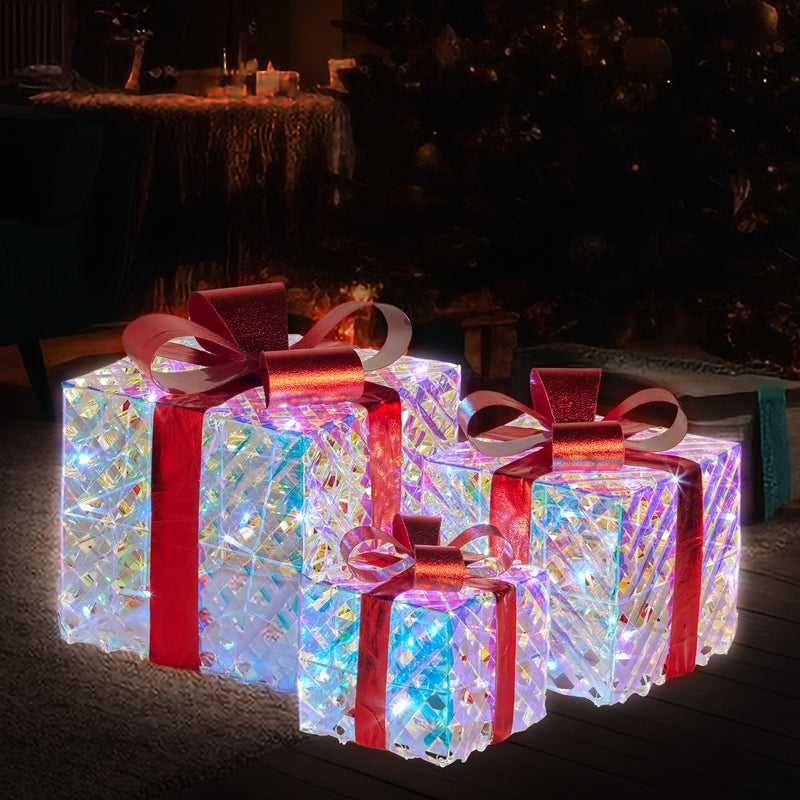 Set of 3 Christmas Gift Boxes With Lights - Clear Shimmer With Red Bows