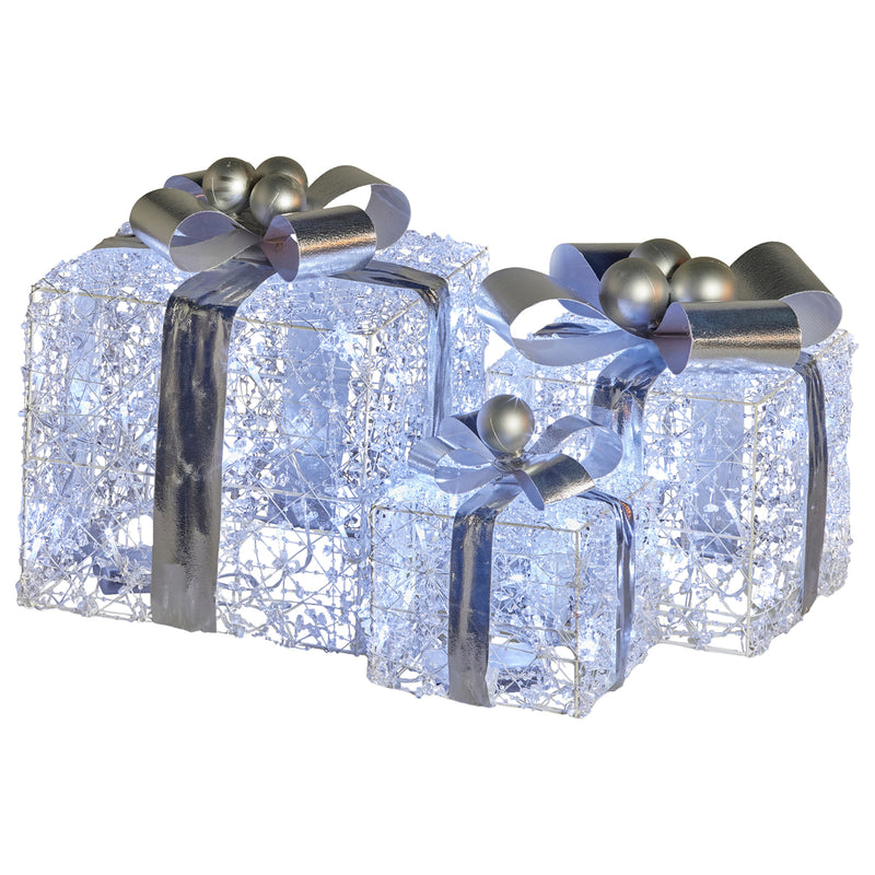 Set Of 3 Christmas Gift Boxes With Lights With Jewelled Wire And Silver Bows