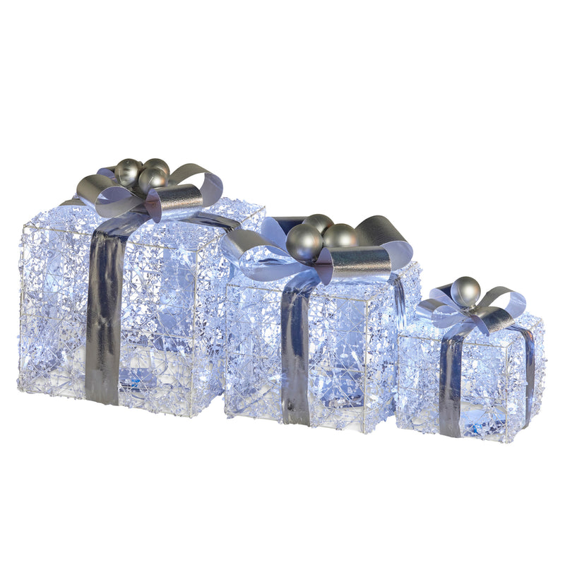 Set Of 3 Christmas Gift Boxes With Lights With Jewelled Wire And Silver Bows