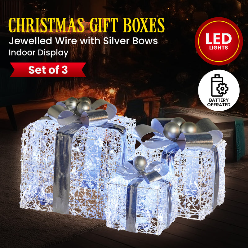 Set Of 3 Christmas Gift Boxes With Lights With Jewelled Wire And Silver Bows