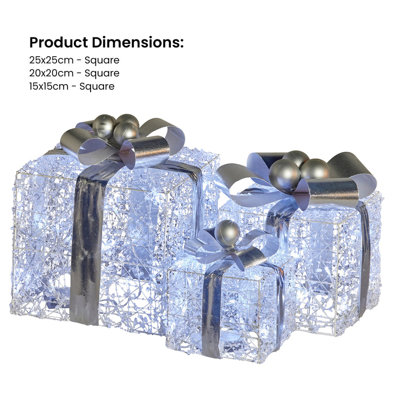 Set Of 3 Christmas Gift Boxes With Lights With Jewelled Wire And Silver Bows