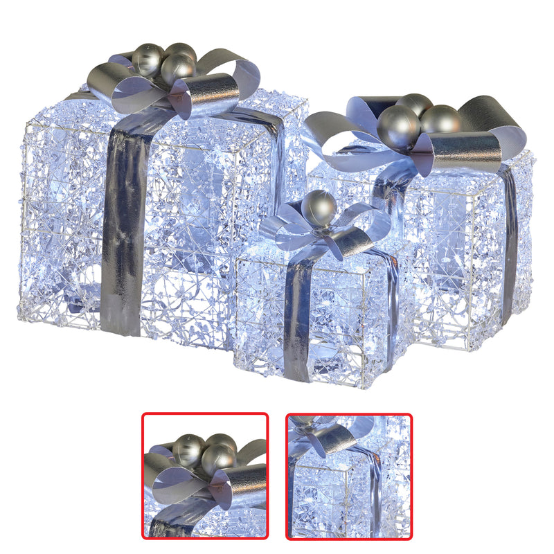 Set Of 3 Christmas Gift Boxes With Lights With Jewelled Wire And Silver Bows