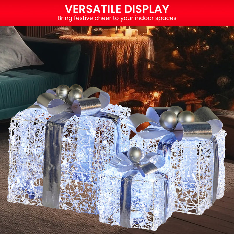 Set Of 3 Christmas Gift Boxes With Lights With Jewelled Wire And Silver Bows