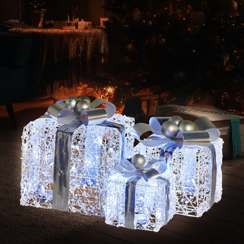 Set Of 3 Christmas Gift Boxes With Lights With Jewelled Wire And Silver Bows
