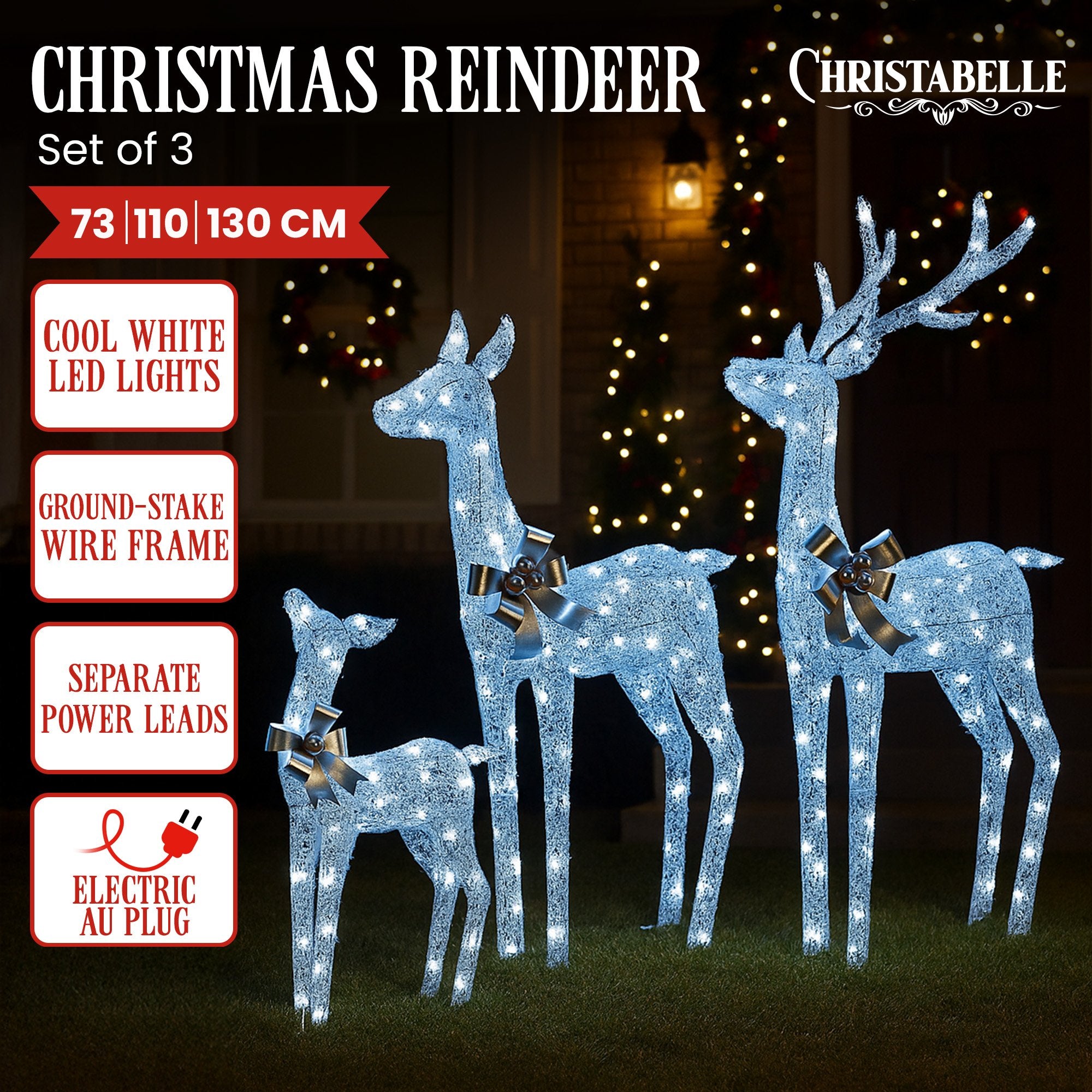 Set of 3 Silver Reindeers w/Cool White LEDs