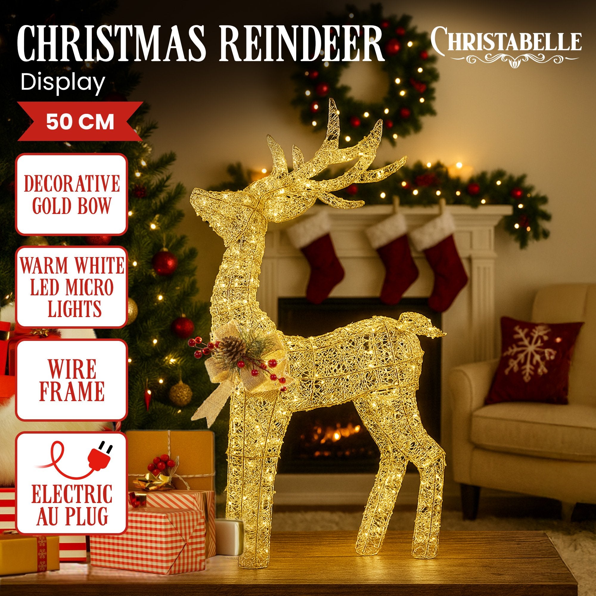 Christmas Reindeer w/ Warm White LEDs & Gold Bow