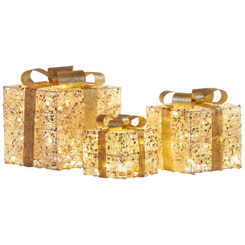 Set of 3 Golden Christmas Gift Boxes w/ Warm White LEDs