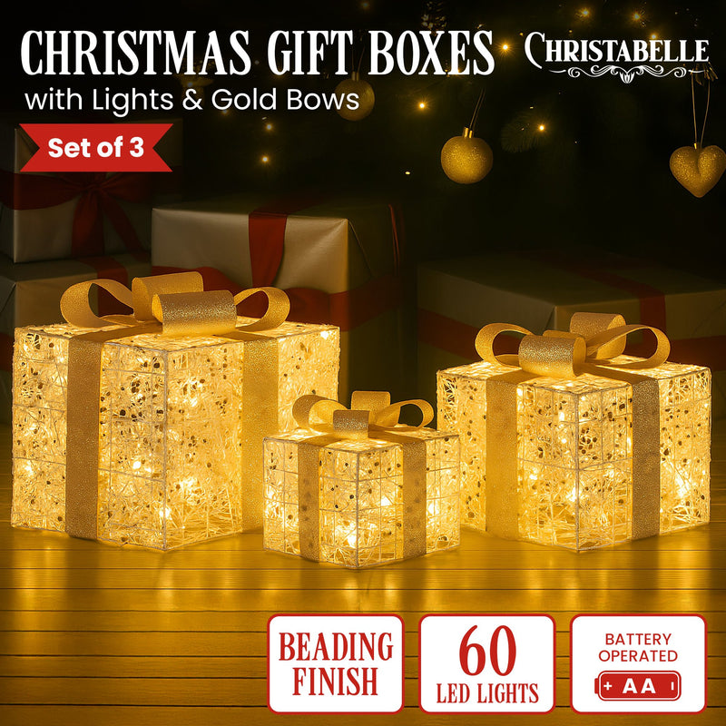 Set of 3 Golden Christmas Gift Boxes w/ Warm White LEDs