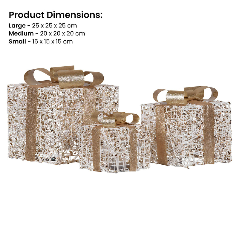 Set of 3 Golden Christmas Gift Boxes w/ Warm White LEDs