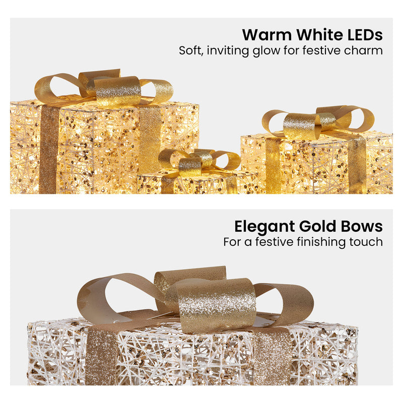 Set of 3 Golden Christmas Gift Boxes w/ Warm White LEDs
