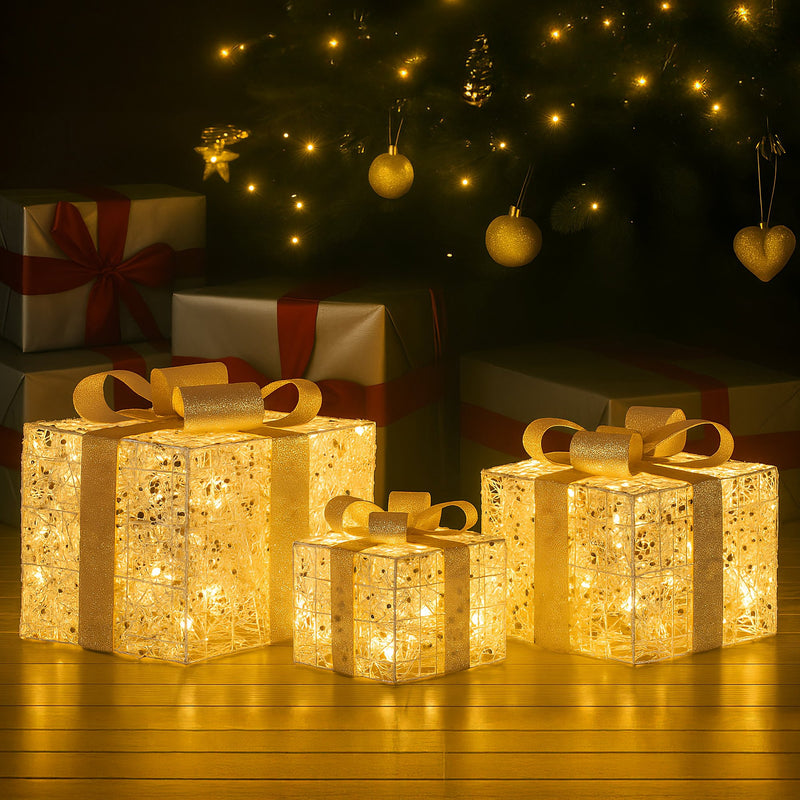 Set of 3 Golden Christmas Gift Boxes w/ Warm White LEDs