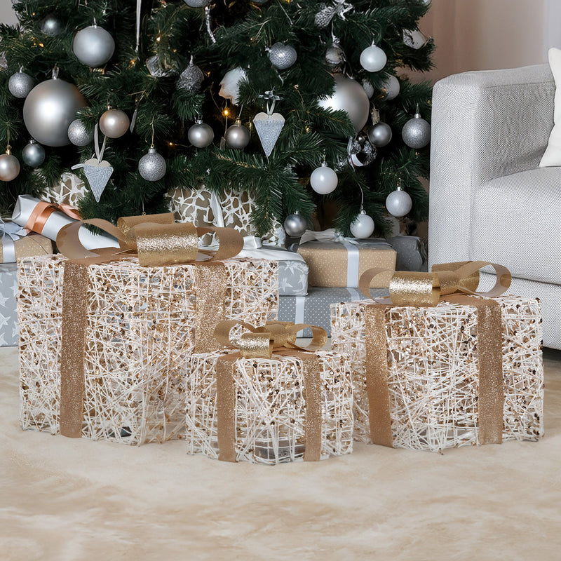 Set of 3 Golden Christmas Gift Boxes w/ Warm White LEDs