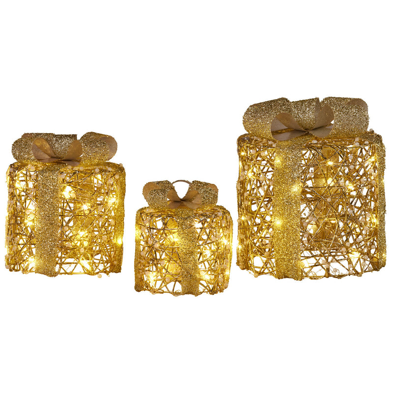 Set of 3 Golden LED Christmas Gift Boxes décor – Battery Operated