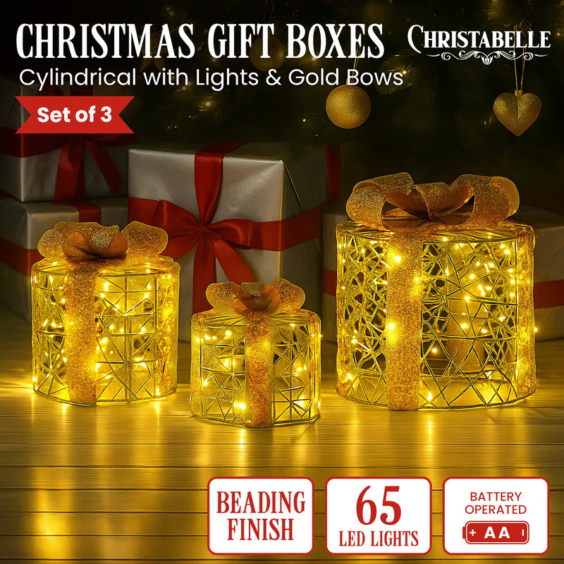 Set of 3 Golden LED Christmas Gift Boxes décor – Battery Operated