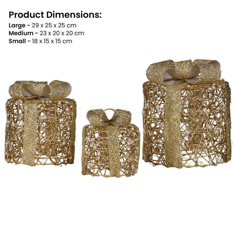 Set of 3 Golden LED Christmas Gift Boxes décor – Battery Operated