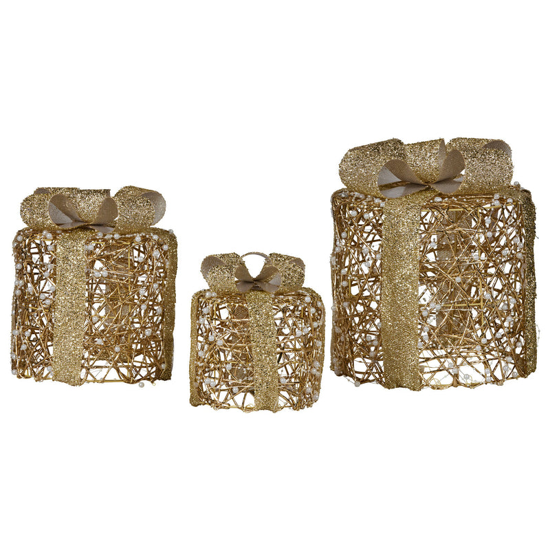 Set of 3 Golden LED Christmas Gift Boxes décor – Battery Operated