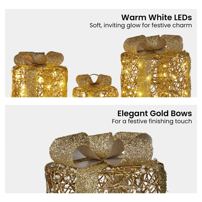 Set of 3 Golden LED Christmas Gift Boxes décor – Battery Operated