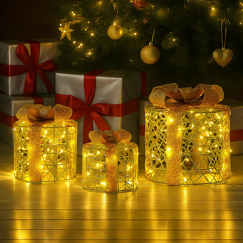 Set of 3 Golden LED Christmas Gift Boxes décor – Battery Operated