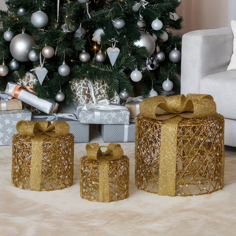 Set of 3 Golden LED Christmas Gift Boxes décor – Battery Operated