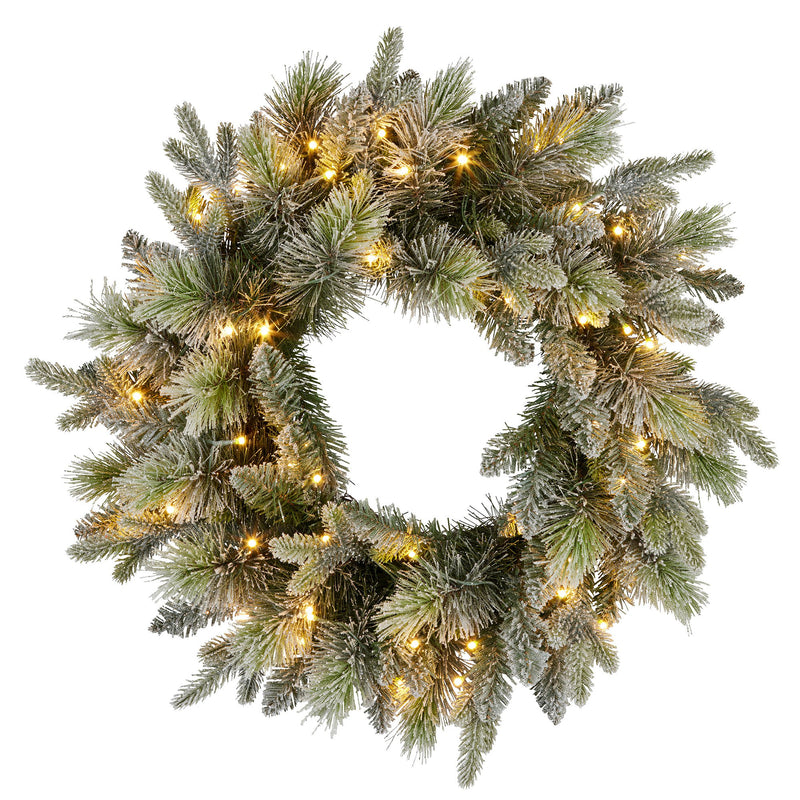 61cm Snowy Stamford Spruce Christmas Wreath with Coloured LED Lights
