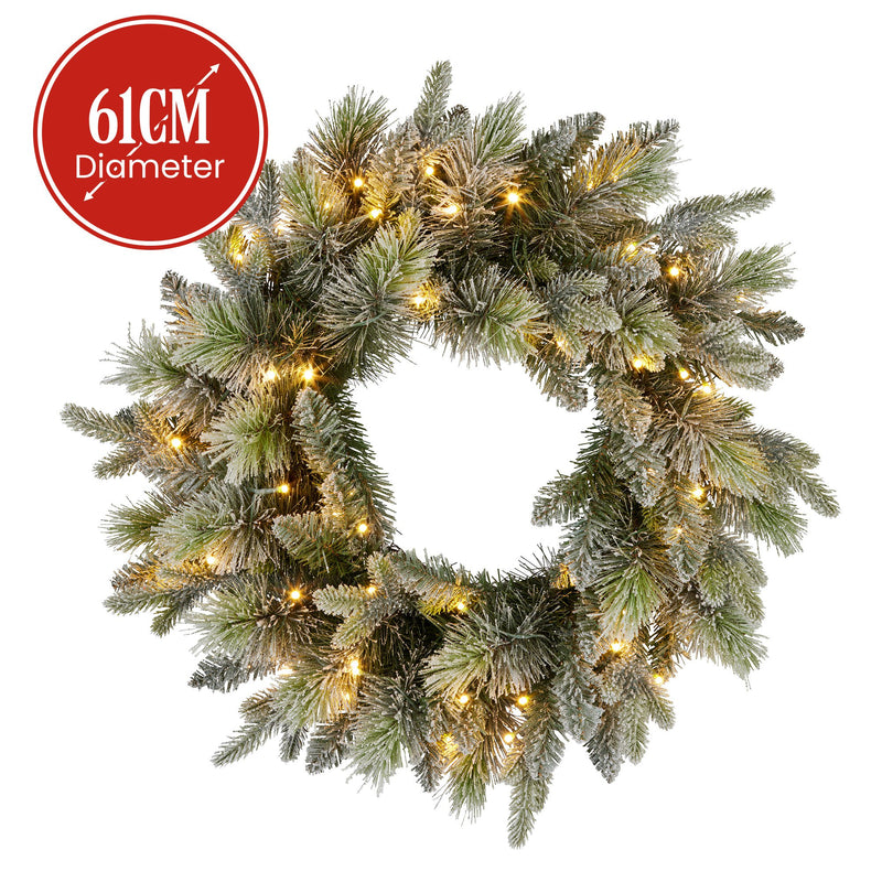 61cm Snowy Stamford Spruce Christmas Wreath with Coloured LED Lights
