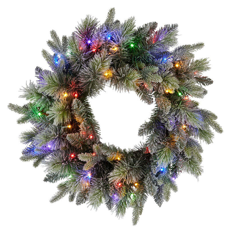 61cm Snowy Stamford Spruce Christmas Wreath with Coloured LED Lights