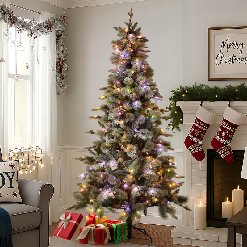 7.5ft Snowy Tree w/ White & Colour Lights