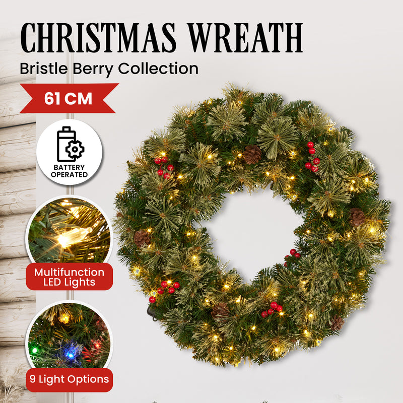 Christabelle Christmas Door Wreath 61cm – Festive Bristle Berry LED Decoration