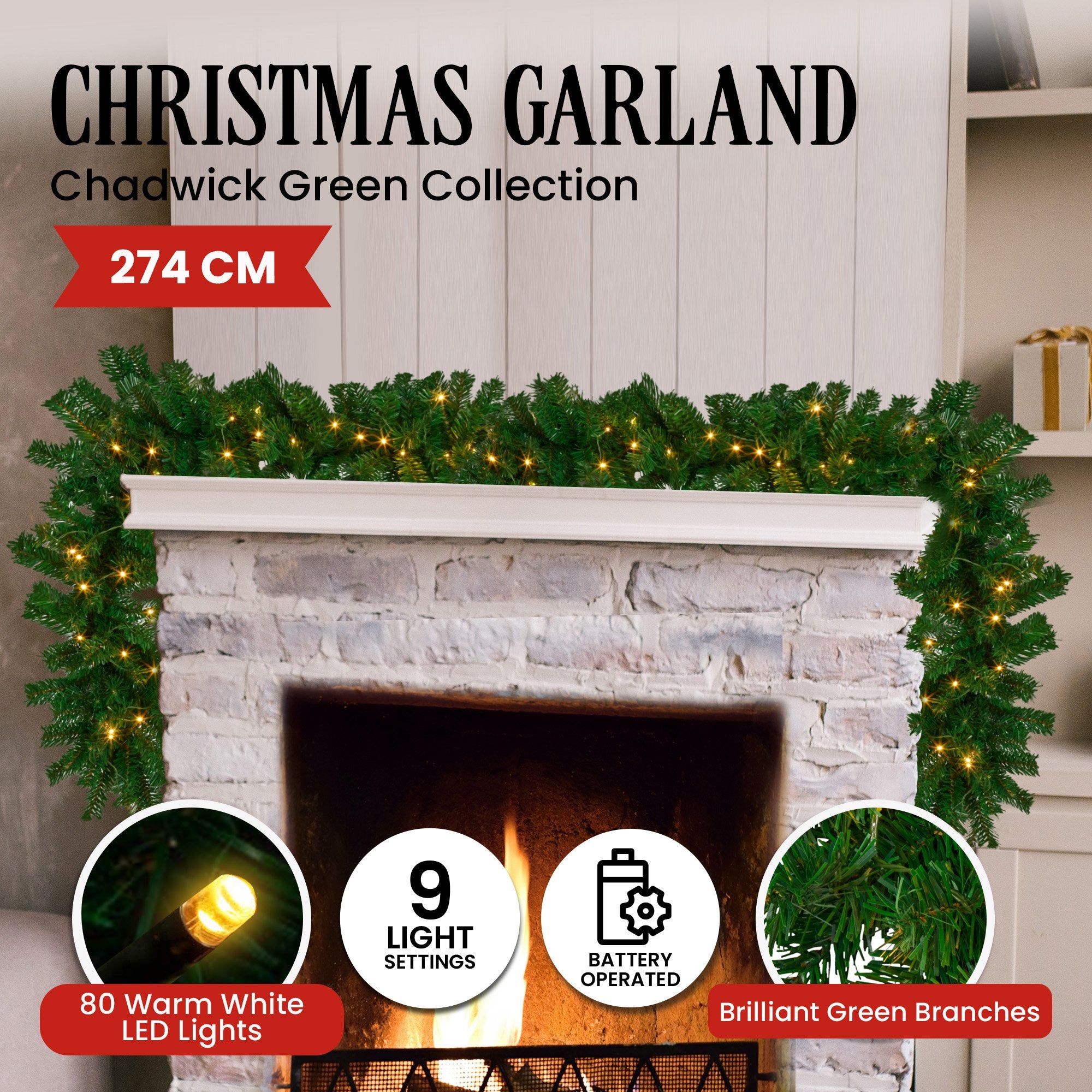 2.7m Chadwick Christmas Garland with LED Lights