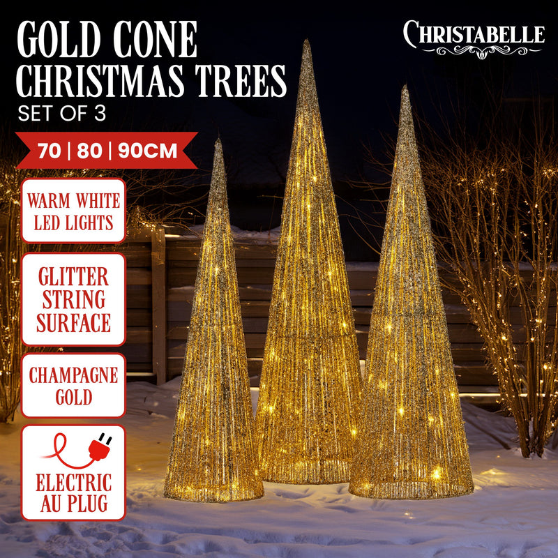 Set of 3 Pre-Lit Gold Cone Christmas Trees with Warm White LED Lights