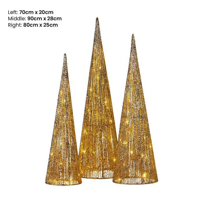 Set of 3 Pre-Lit Gold Cone Christmas Trees with Warm White LED Lights