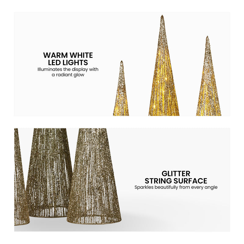 Set of 3 Pre-Lit Gold Cone Christmas Trees with Warm White LED Lights