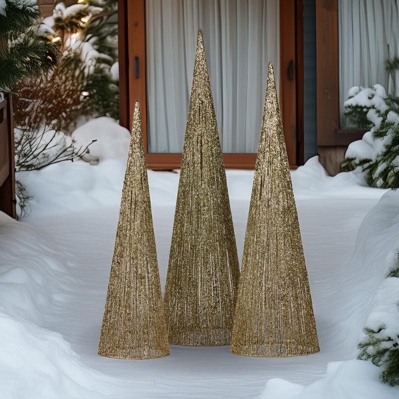 Set of 3 Pre-Lit Gold Cone Christmas Trees with Warm White LED Lights