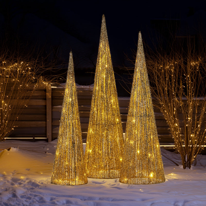 Set of 3 Pre-Lit Gold Cone Christmas Trees with Warm White LED Lights