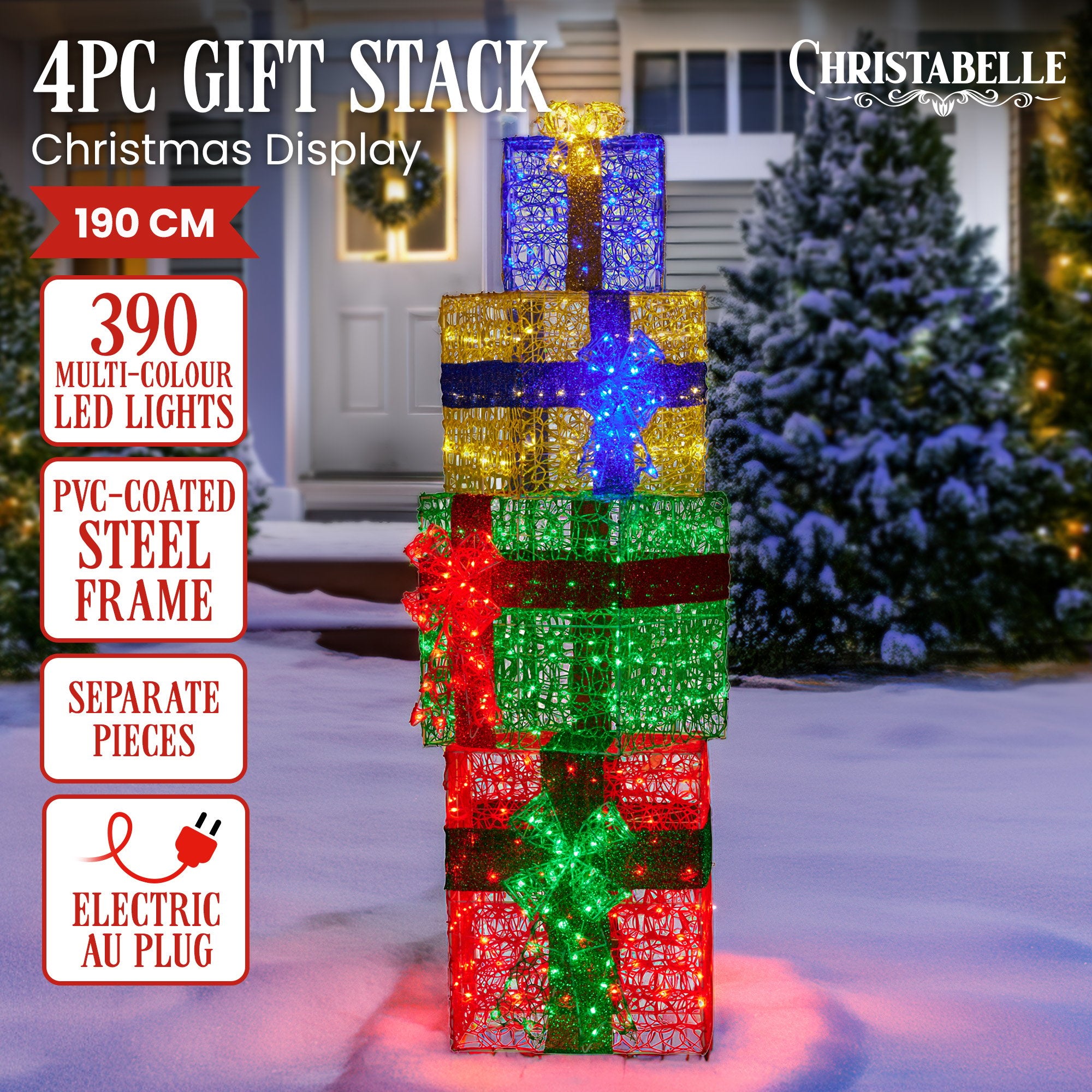 190cm 4-Piece Christmas Gift Stack with LED Lights & Bows