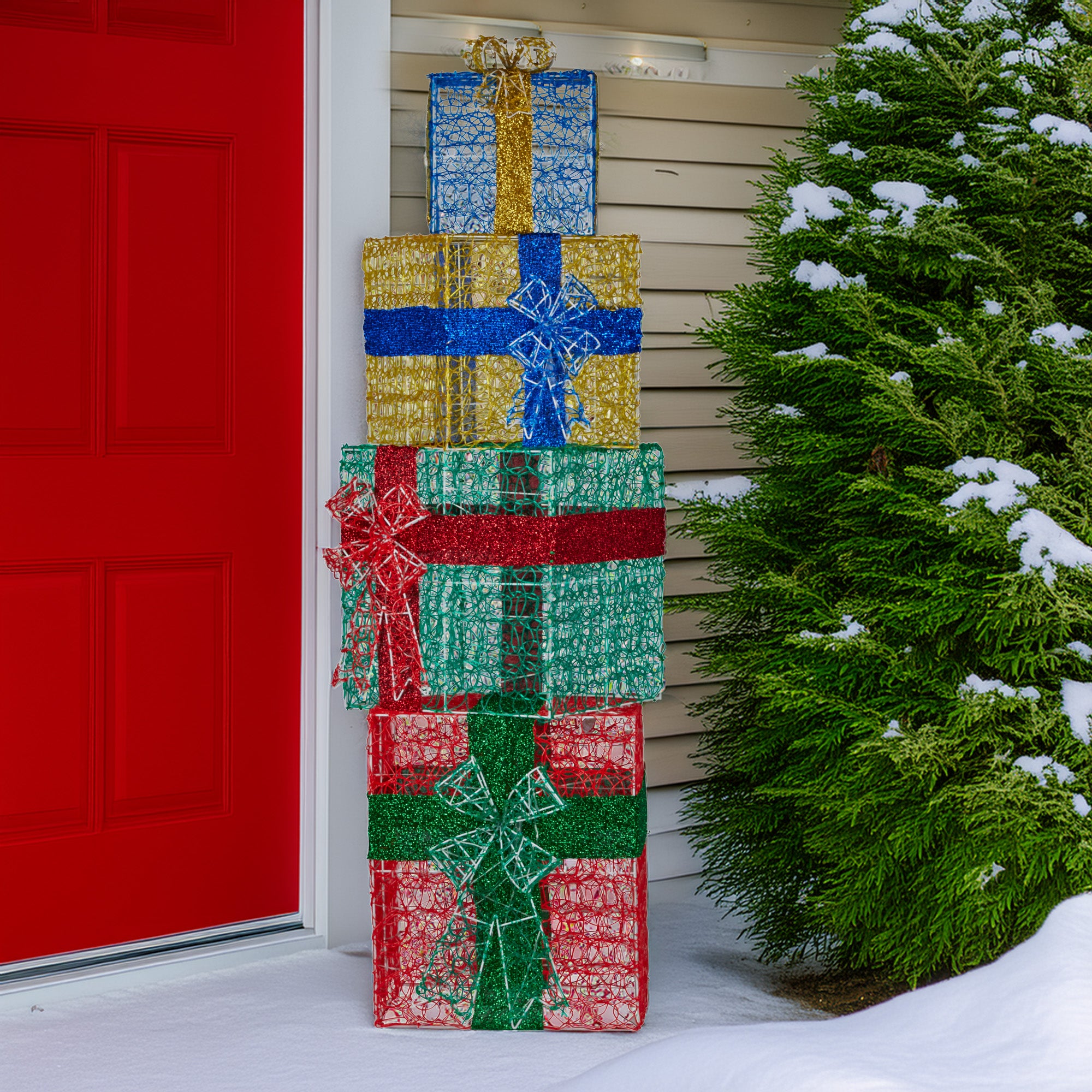 190cm 4-Piece Christmas Gift Stack with LED Lights & Bows