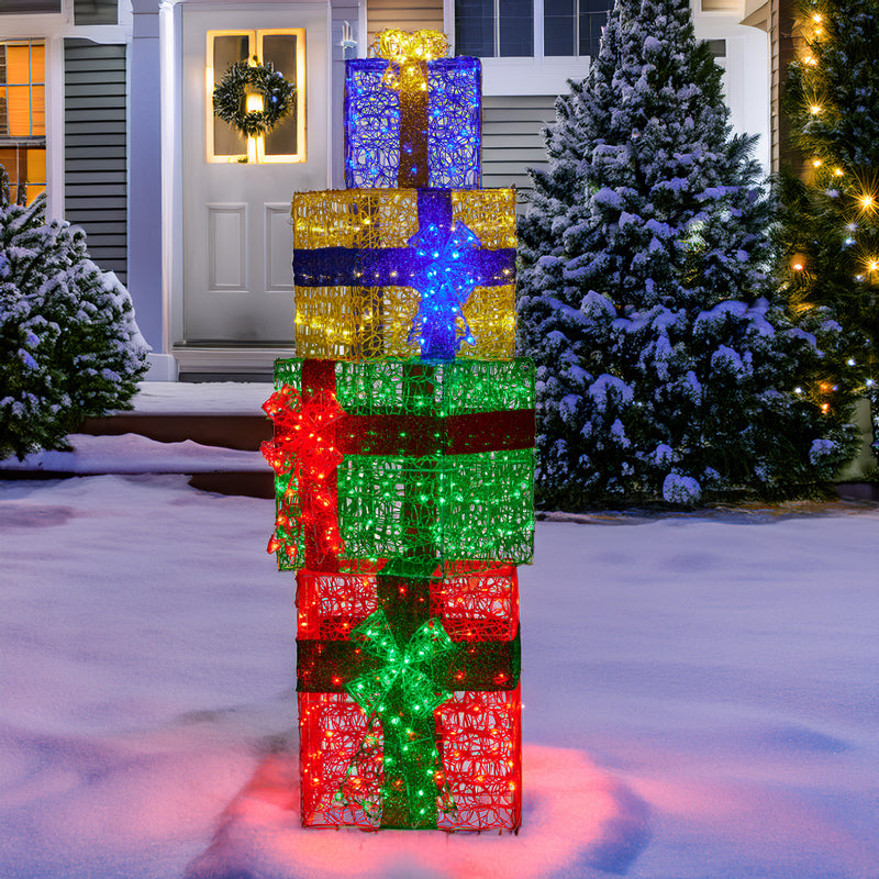 190cm 4-Piece Christmas Gift Stack with LED Lights & Bows