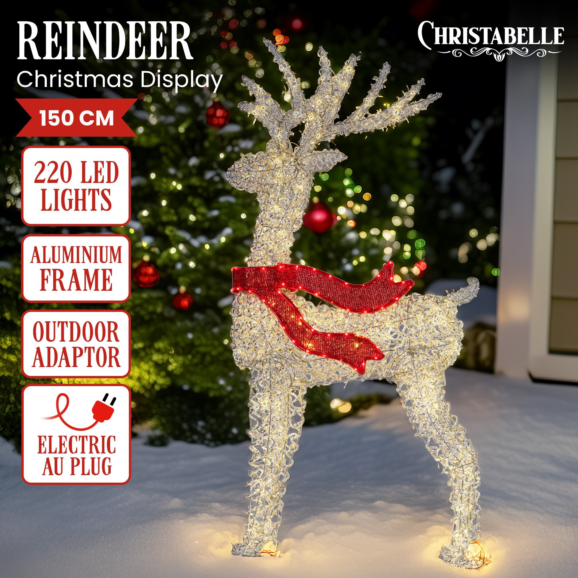 150cm Christmas Reindeer Display with LED Lights & Red Bow