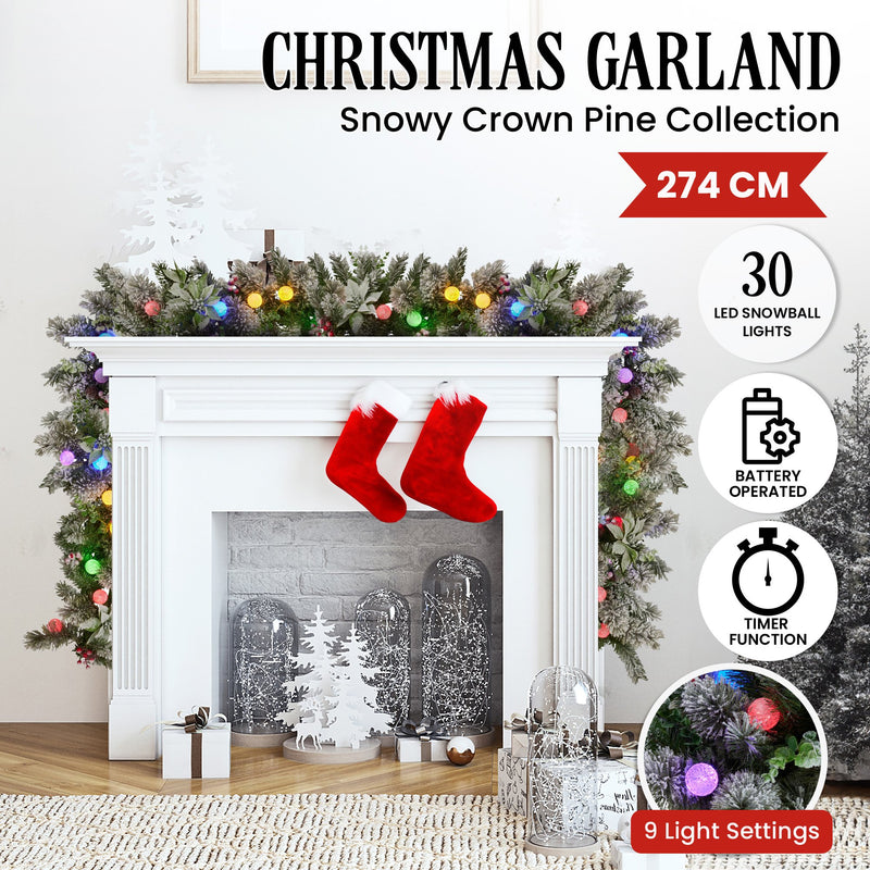 Swishmas 274cm Snowy Pine Garland – Pre-Lit Multicolour