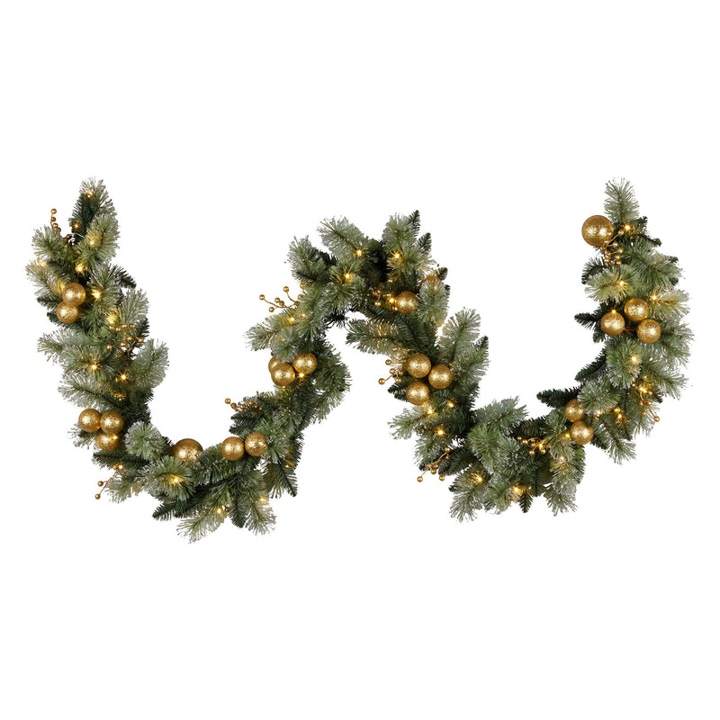 274cm Pre-Lit Christmas Garland w/ Gold Baubles & LED Lights