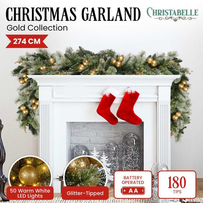274cm Pre-Lit Christmas Garland w/ Gold Baubles & LED Lights