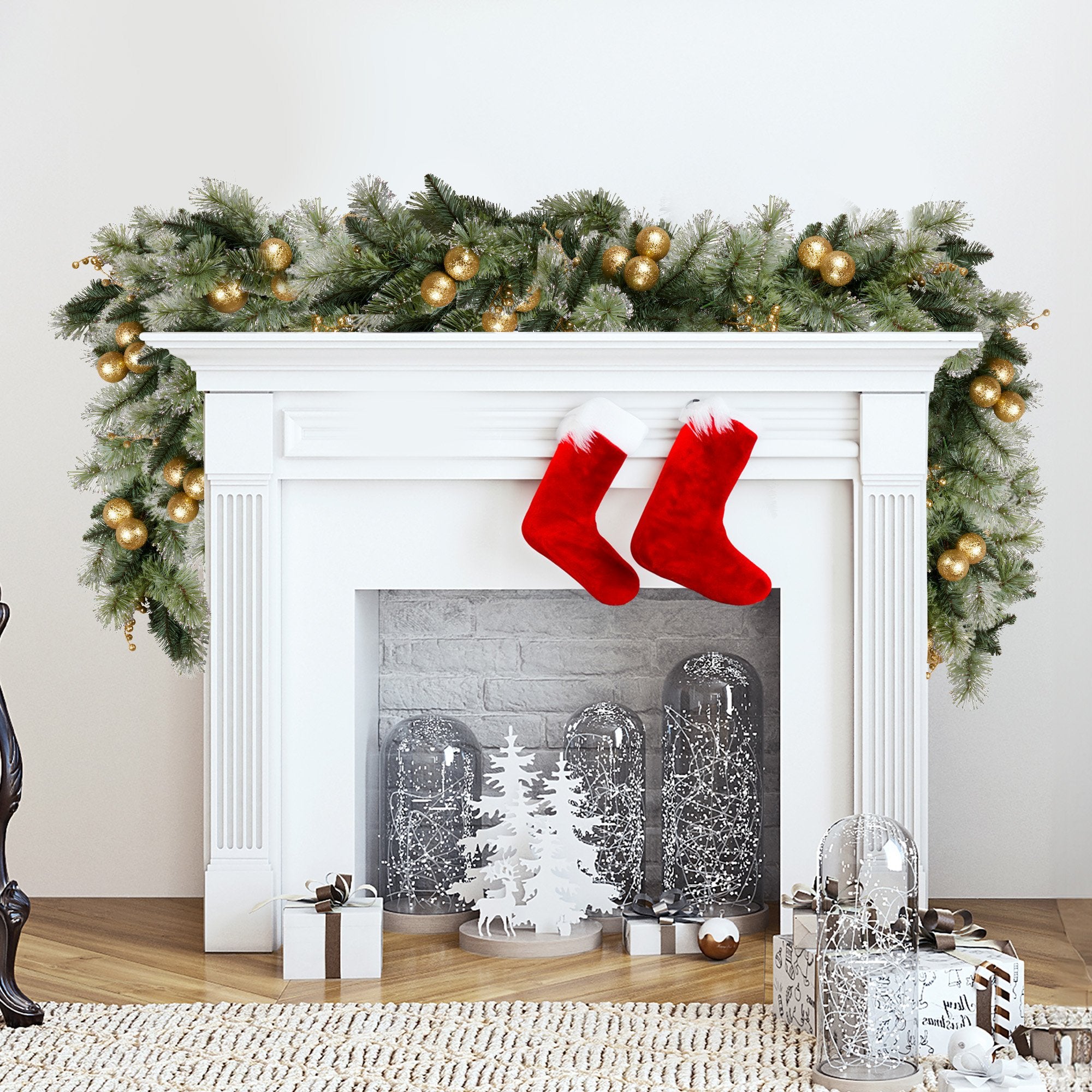 274cm Pre-Lit Christmas Garland w/ Gold Baubles & LED Lights