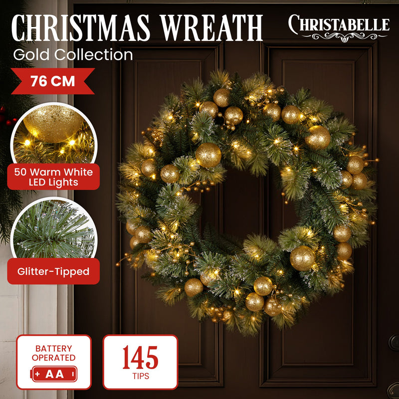 76cm Christmas Wreath with Battery-Operated Warm White Lights