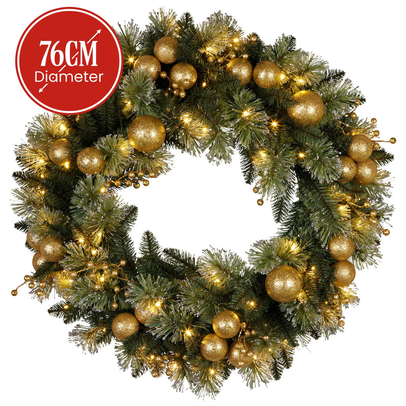 76cm Christmas Wreath with Battery-Operated Warm White Lights